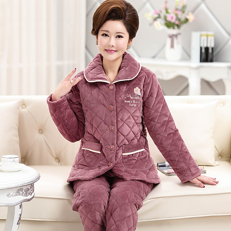 秋冬季珊瑚绒夹棉睡衣女中老年人中年妈妈三层加厚加绒保暖家居服,淘宝优惠券,粉丝福利购,淘宝优惠卷