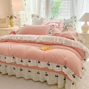 Girly Korean lace small floral cotton four-piece set pure cotton bed skirt Princess pure cotton quilt cover beds