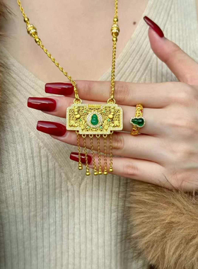 金色新款古法新中式国潮风祖母绿葫芦长命锁吊坠镂空花丝如意锁