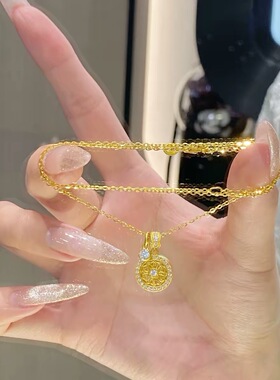 新中式古法黄财神吊坠项链女高级感复古小灯泡锁骨链