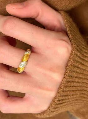 金包银麻花点钻戒指女小众个性设计感食指戒精致百搭气质高级感