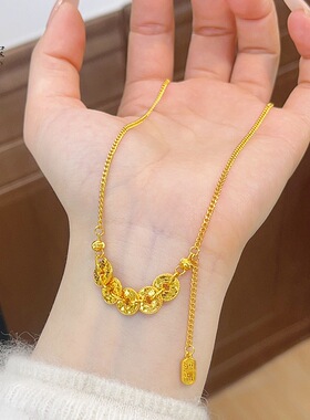 金包银碎冰冰猫眼五帝钱项链钱币流苏锁骨链气质轻奢女送礼