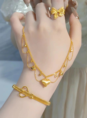 金色饰品 古法蕾丝爱心项链百搭女新款流苏新中式蹦迪珠锁骨链