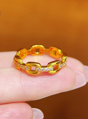 金包银古法点钻镂空链条戒指几何实心素圈指环简约时尚送礼