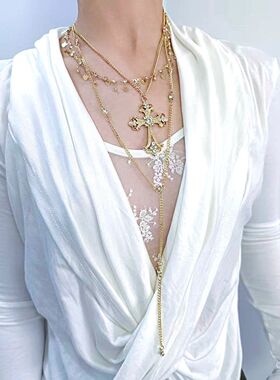 复古巴洛克多层风双层叠十字架项链小众设计辣妹高级毛衣锁骨颈链