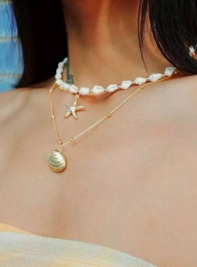 赵昭仪同款海螺海星吊坠项链双层贝壳叠戴项链