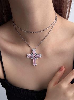 甜酷y2k辣妹风粉紫色方锆十字架项链女小众欧美朋克嘻哈锁骨链潮