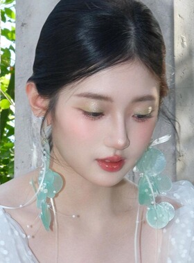 绿色贝壳珍珠流苏耳环女氛围感小众设计耳坠夸张丝带度假风耳饰