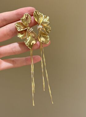 金花锦年~金色流苏花朵耳钉女款2026高级感轻奢耳环独特绝美耳饰
