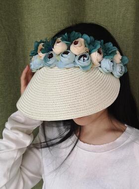 沙滩无顶防晒草编花朵优雅女夏