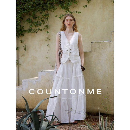 COUNTONME Chaleco francés romántico/relajante de lino con cuentas para vacaciones, chaleco informal con cordones, chaleco de acceso