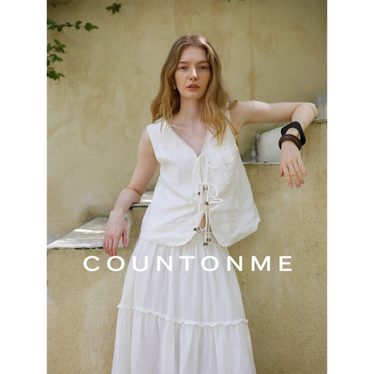 COUNTONME Chaleco francés romántico/relajante de lino con cuentas para vacaciones, chaleco informal con cordones, chaleco de acceso