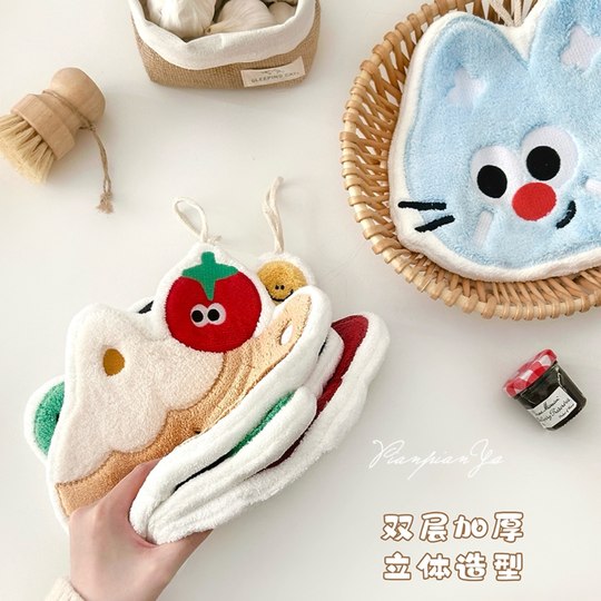 耳机猫咪擦手巾厨房卫生间加厚挂式珊瑚绒擦手毛巾吸水擦手布手帕