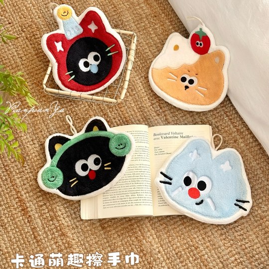 耳机猫咪擦手巾厨房卫生间加厚挂式珊瑚绒擦手毛巾吸水擦手布手帕