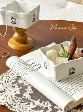 Ins风复古法式木质高脚烛台摆件陶瓷水果盘收纳盘首饰盘摆台道具