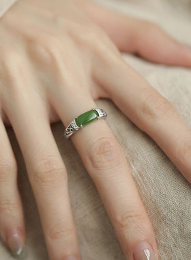 925银复古气质和田碧玉镂空食指戒指女感国潮民族风指环