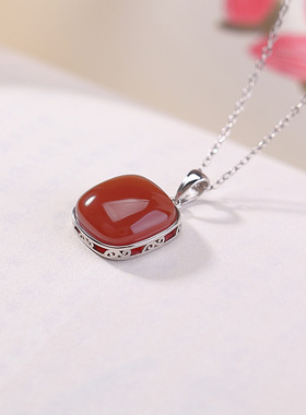 S925纯银红玛瑙复古几何简约方形方糖吊坠百搭气质优雅挂坠