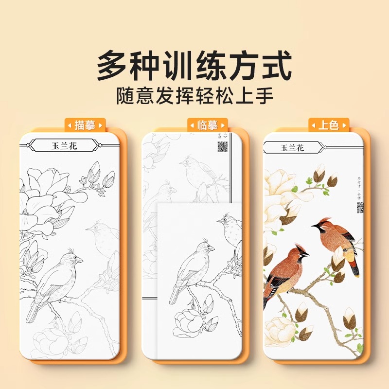 时光学国画白描控笔临摹本训练绘画本全套5册植物动物人物花卉山水线稿描摹本初学者入门素描画册小学一二三四五六年级国画描线稿