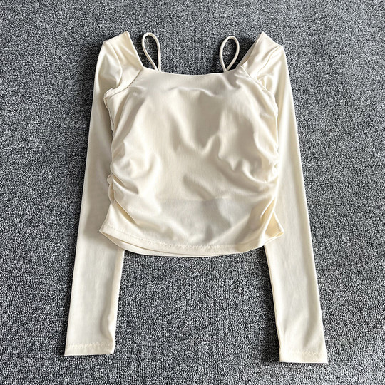 瑜伽服女2025新款网纱假两件运动上衣带胸垫长袖训练健身服