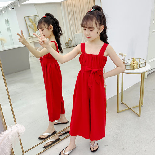 儿童睡衣睡裙女童夏季连体裤绵绸吊带薄款女孩公主纯色两穿睡裙裤 - 图1