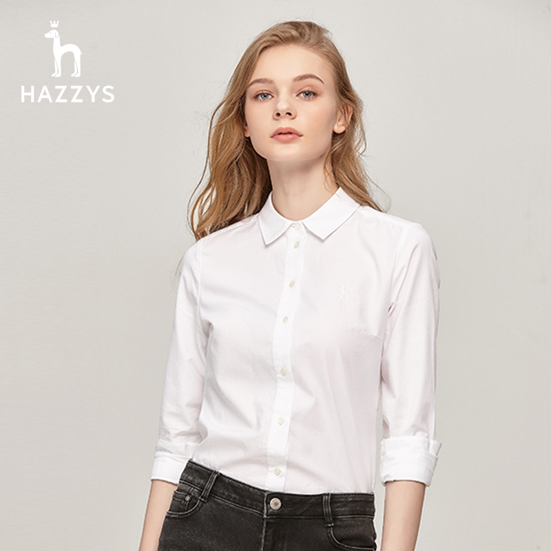 Hazzys哈吉斯专柜春季新款女士牛津纺纯棉衬衫长袖通勤韩版上衣女-图2