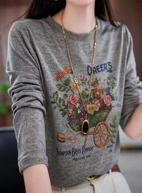 春秋季花卉2026爆款秋装长袖打底衫减龄T恤代发女印妈妈上衣一件