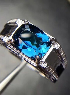 纯天然瑞士蓝托帕石戒指霸气男款千玺面切工男款18K白金送男友