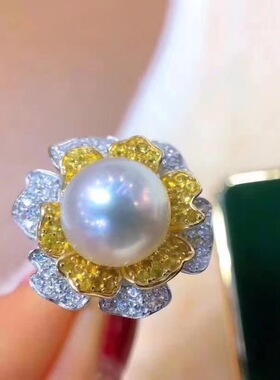 纯天然海水珍珠戒指花朵11-12mm正圆强光极微瑕925银镀18K白金