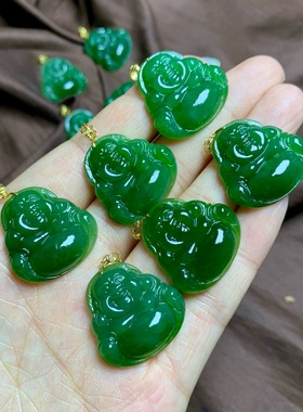 天然和田玉碧玉佛公吊坠18k金镶嵌女款弥勒佛项链锁骨链民族风