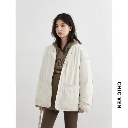 CV大码女装秋冬新款简约宽松肌理感圆领羽绒服90白鸭绒外套女胖mm - 图1