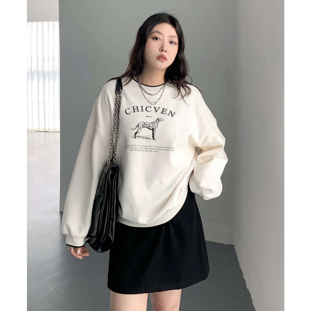 CV大码女装 秋季新款圆领撞色趣味印花宽松长袖套头卫衣胖mm女,淘宝优惠券,粉丝福利购,淘宝优惠卷