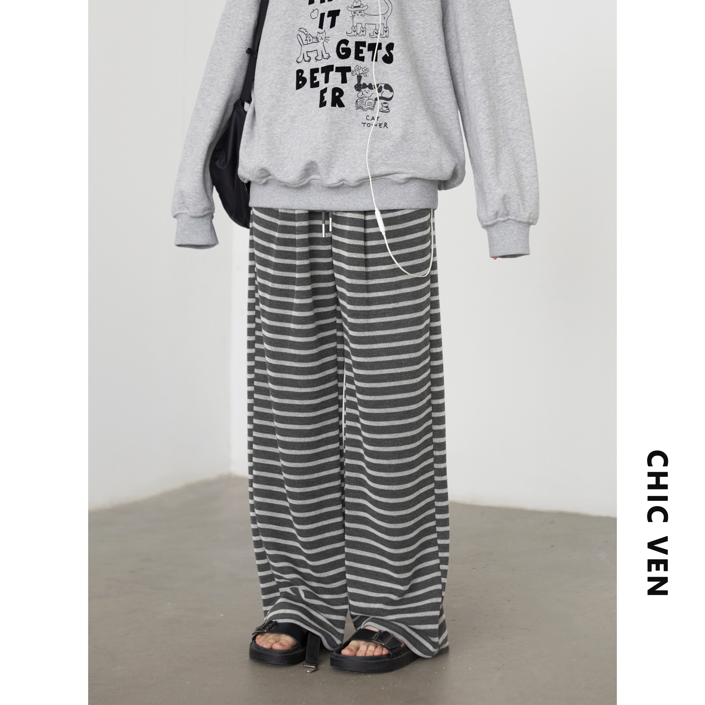 CV大码女装 秋新款慵懒风条纹阔腿裤垂感直筒遛弯裤休闲裤女胖mm,淘宝优惠券,粉丝福利购,淘宝优惠卷