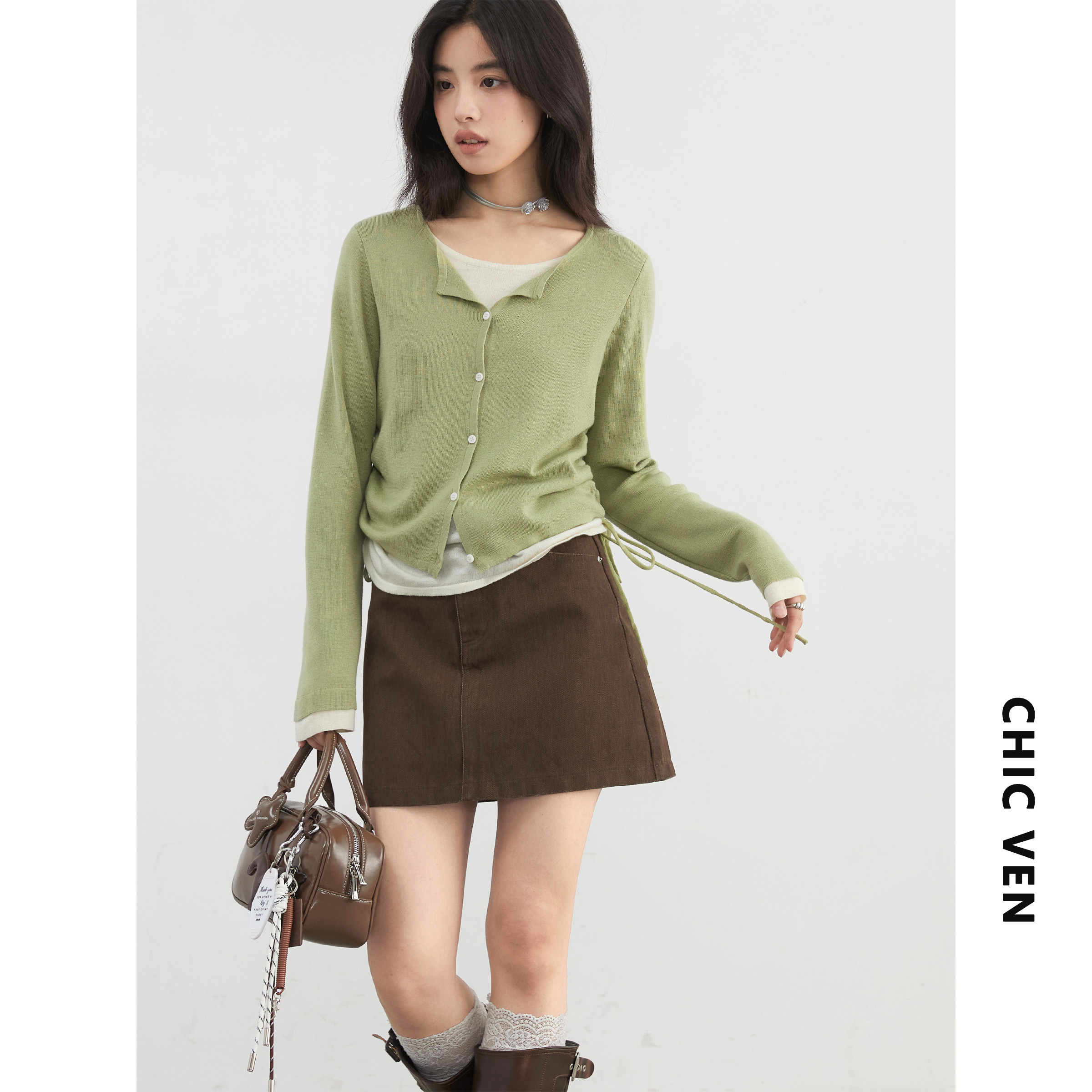 CV大码女装秋季新款韩系设计感假两件上衣抽绳收腰针织衫女胖妹mm,淘宝优惠券,粉丝福利购,淘宝优惠卷