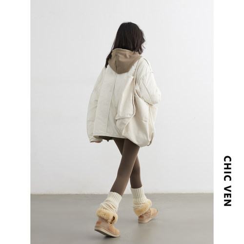 CV大码女装秋冬新款简约宽松肌理感圆领羽绒服90白鸭绒外套女胖mm - 图0