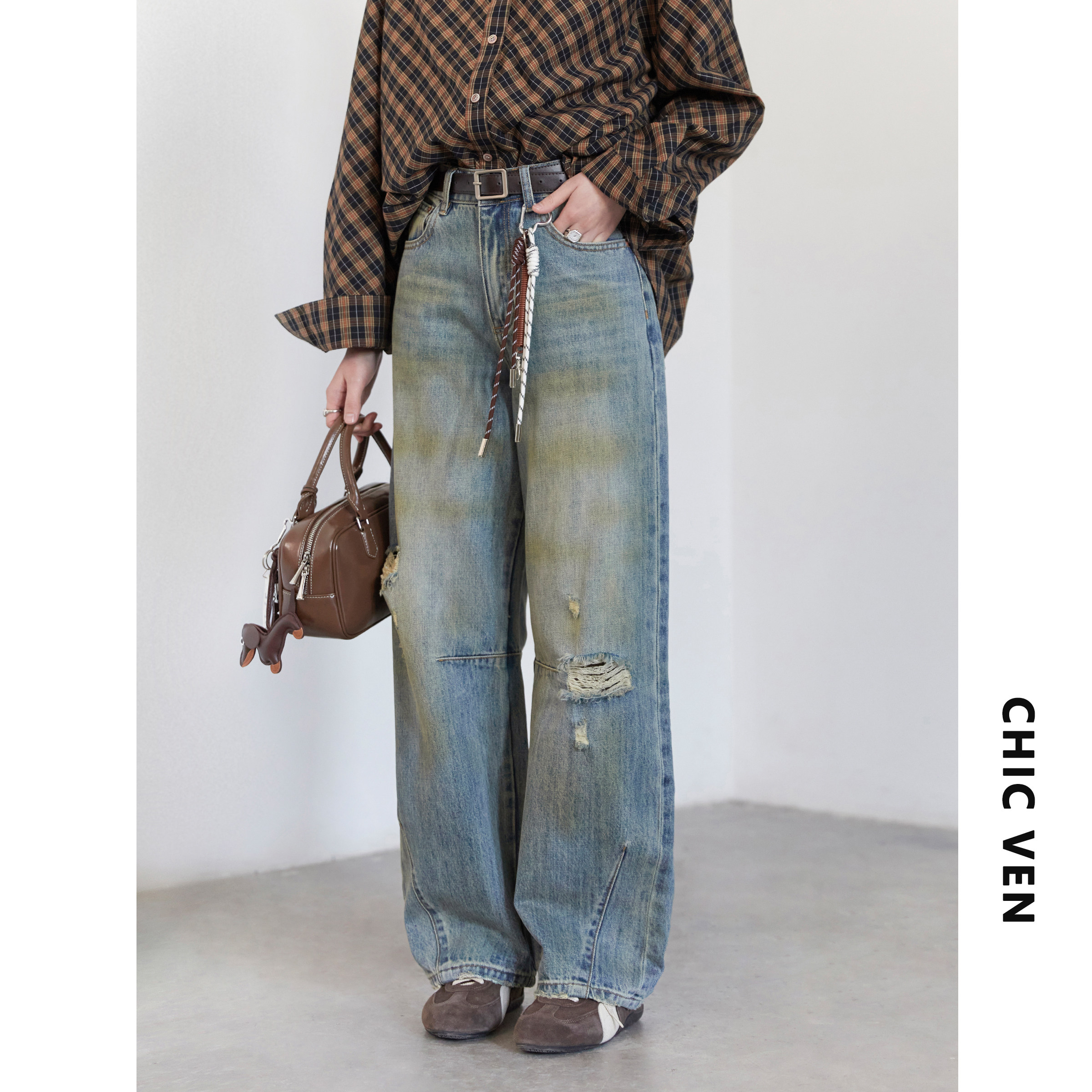 CV大码女装 秋季新款高腰泥染破洞废土牛仔裤弯刀阔腿脏脏裤胖MM,淘宝优惠券,粉丝福利购,淘宝优惠卷