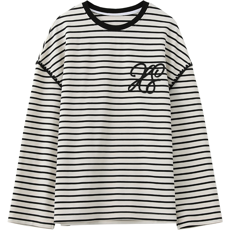 CV大码女装 秋季新款宽松圆领撞色条纹长袖T恤胖MM休闲刺绣上衣女 - 图3