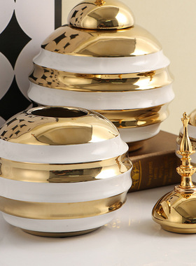 欧美风奢华金色大圆肚陶瓷装饰罐