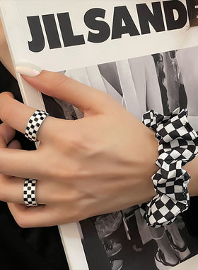 S925银饰品韩版黑白棋盘戒指女复古时尚个性网格设计感开口指环嘻