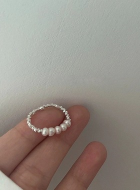 精致仿珍珠手作戒指女极简冷淡风叠戴S925镀银开口指环ins百搭食