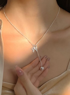 包邮甜美蝴蝶结项链女简约气质叠戴爱心S925镀银锁骨链网红毛衣颈