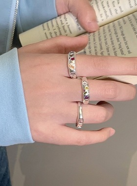 彩色爱心锆石戒指女时尚个性七彩S925银开口指环叠戴嘻哈食指戒潮