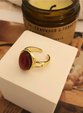 包邮法式高级感红色椭圆状复古戒指女925镀银韩版ins网红气质开口