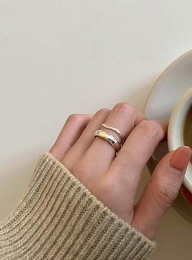 双层波浪锤纹凹凸戒指女简约冷淡风百搭S925镀银开口指环食指戒潮