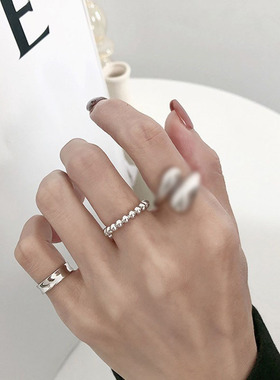 韩版S925银冷淡风简约戒指女复古时尚水滴光圈圆珠开口指环食指戒
