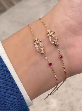 手链FRED弗雷德幸运绳马蹄手链镀红钻玫瑰金手饰