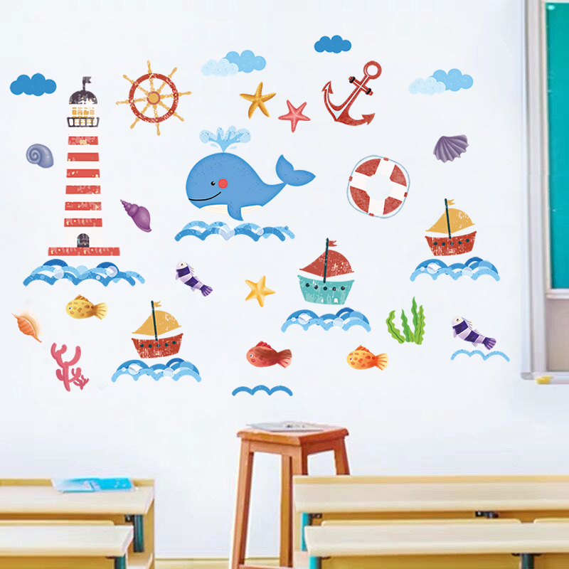 卡通海军风海豚帆船墙贴卧室儿童贴画幼儿园教室背景墙壁贴纸装饰