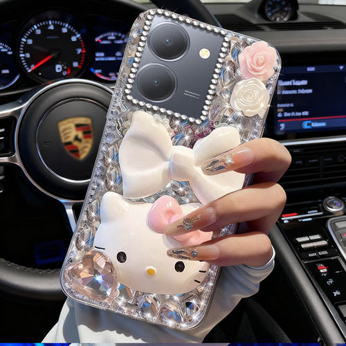 卡通KT猫镶钻适用vivoY78手机壳新年款X50满钻X21S防摔X50过年Y33s网红Y50M全包Y50 5G/2026y52s高级感Y77 5G - 图0