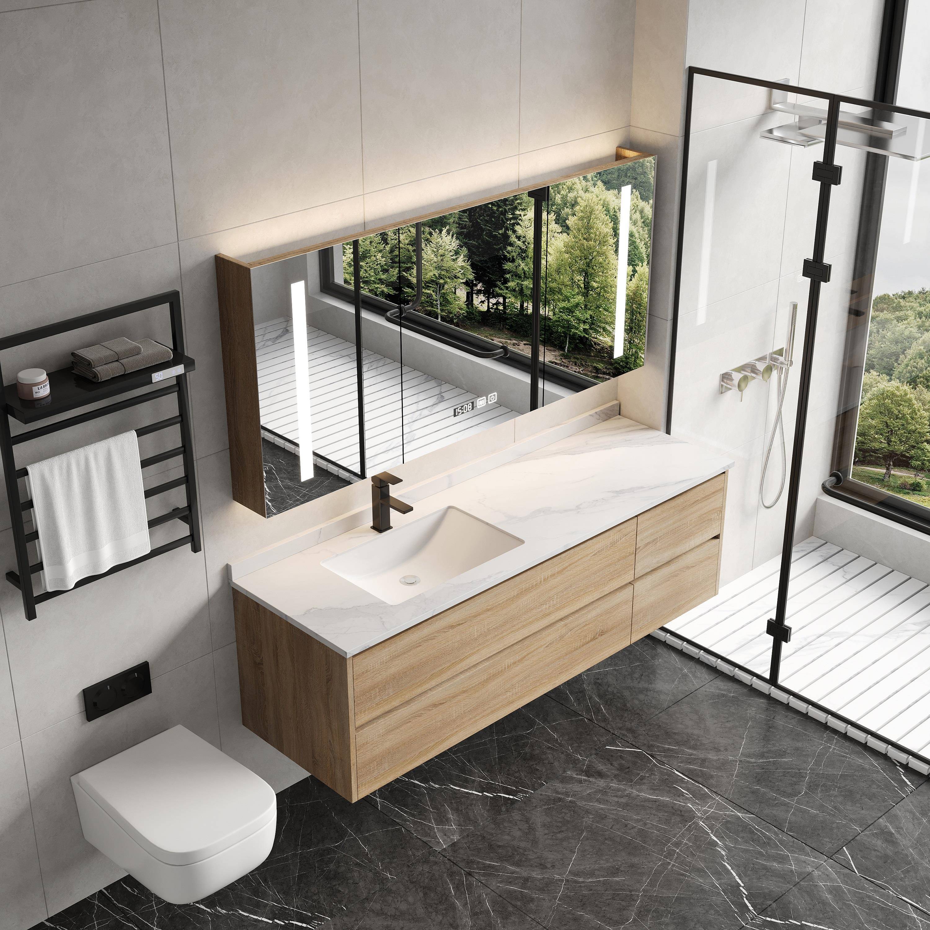 现代简约岩板一体盆浴室柜洗手洗脸台盆柜组合卫生间洗漱台原木色