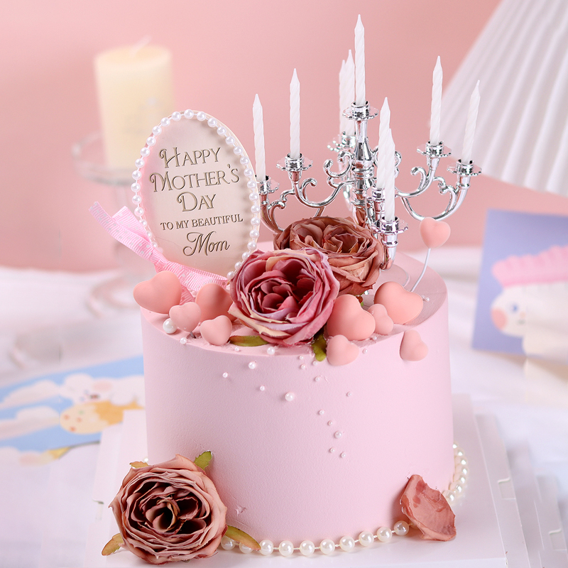 2024母亲节复古玫瑰花蛋糕装饰珍珠银色烛台妈妈节日甜品烘焙插件-图0
