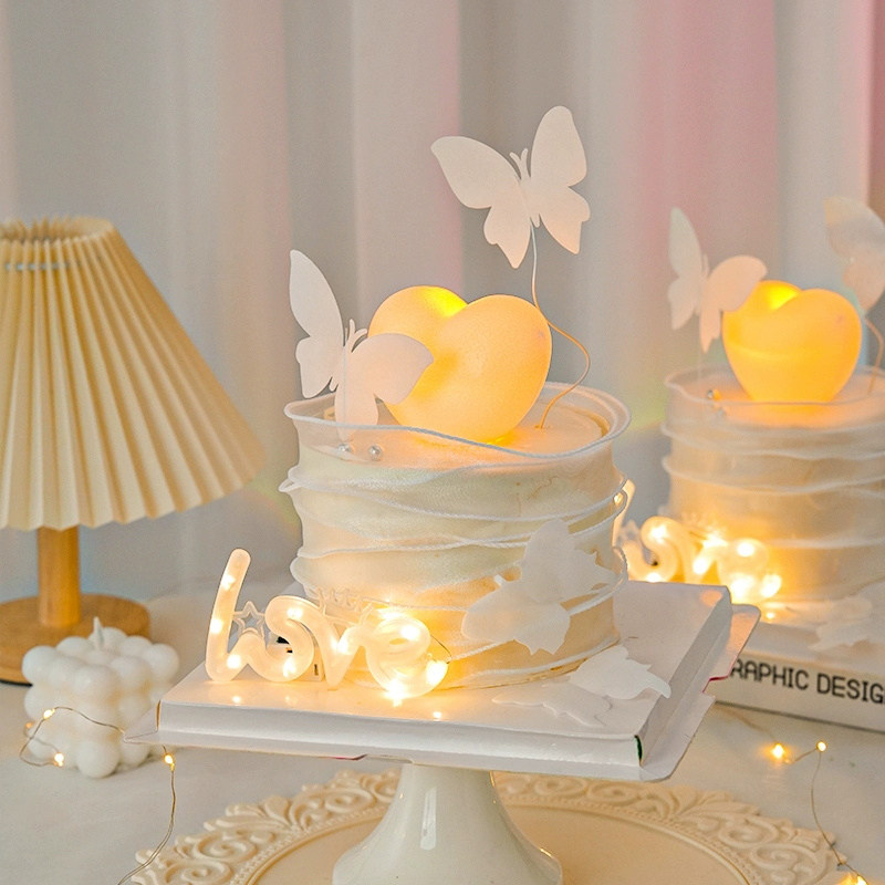 2024情人节蛋糕装饰发光爱心love灯摆件网红2.14情侣生日蝴蝶插件